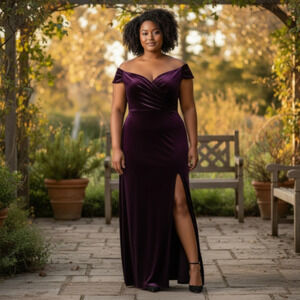 X by Xscape Purple Velvet SweetHeart Off Shoulder Cap Sleeves Maxi Dress Sze 16W
